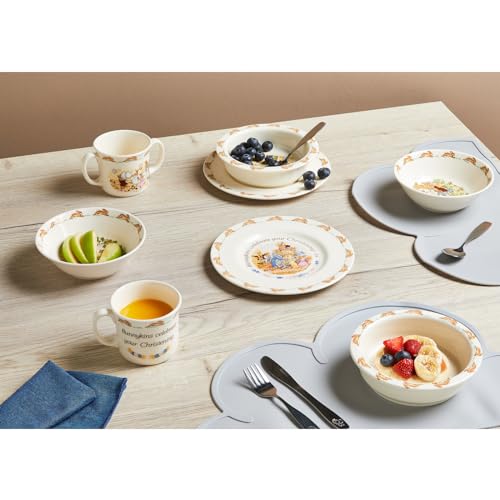 Close-up of Bunnykins motif on durable earthenware for daily infant meals.