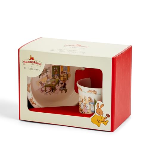 Bunnykins mealtime scene demonstrates gentle feeding with a toddler-friendly set.