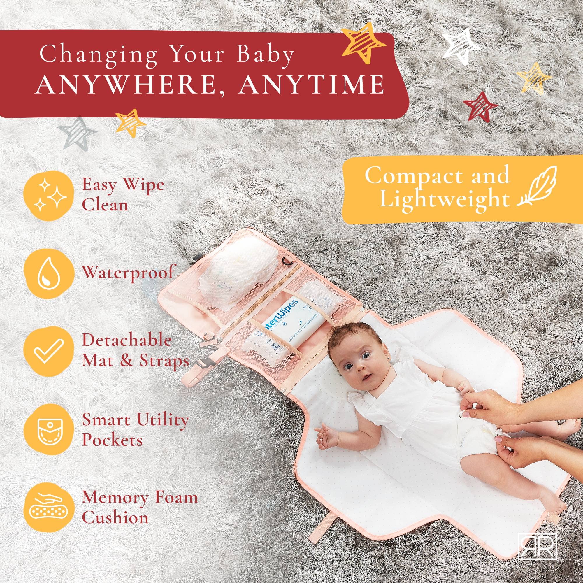 Royal Rusu 2-in-1 diaper clutch and changing mat for versatile travel and easy one-handed use.