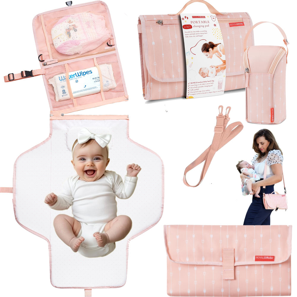 Royal Rusu premium portable diaper changing pad in peach for clean, comfy on-the-go diaper changes.