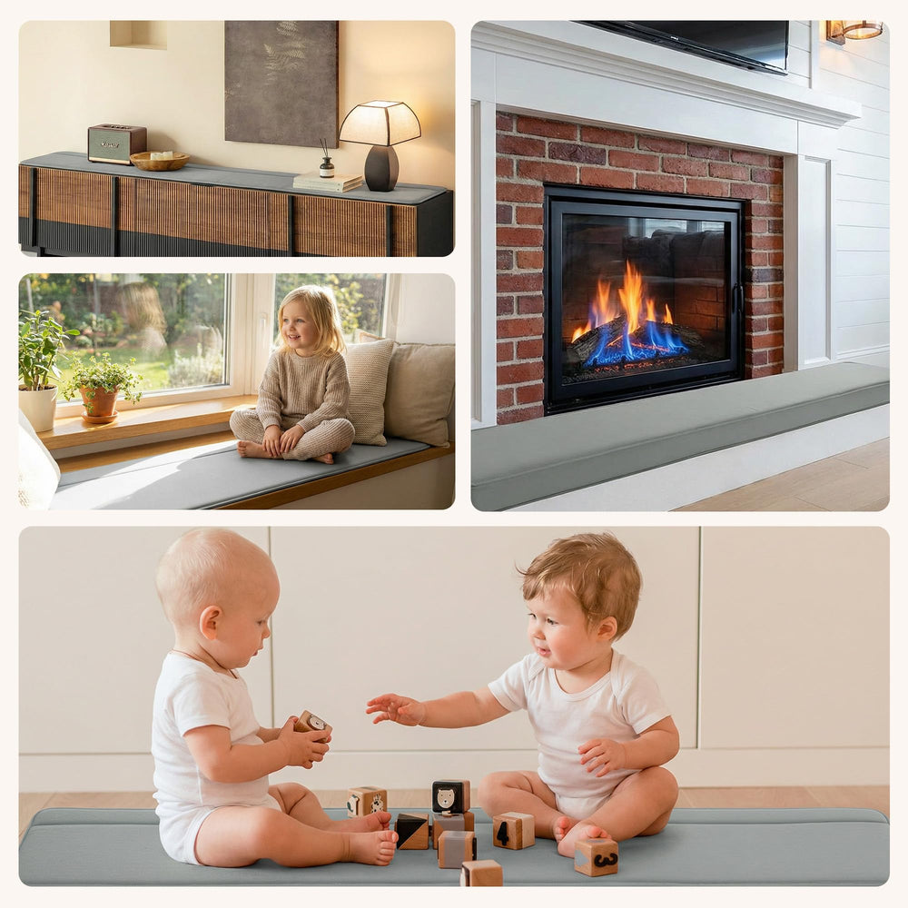 ROYALAY children at play with soft velvet hearth cushion nearby.
