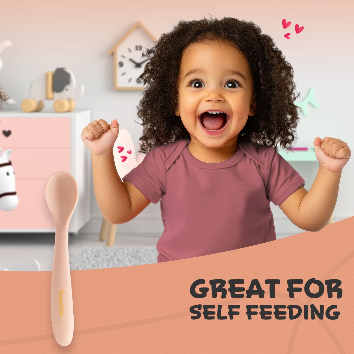 RoyalTots baby led weaning pink spoon enables independent feeding