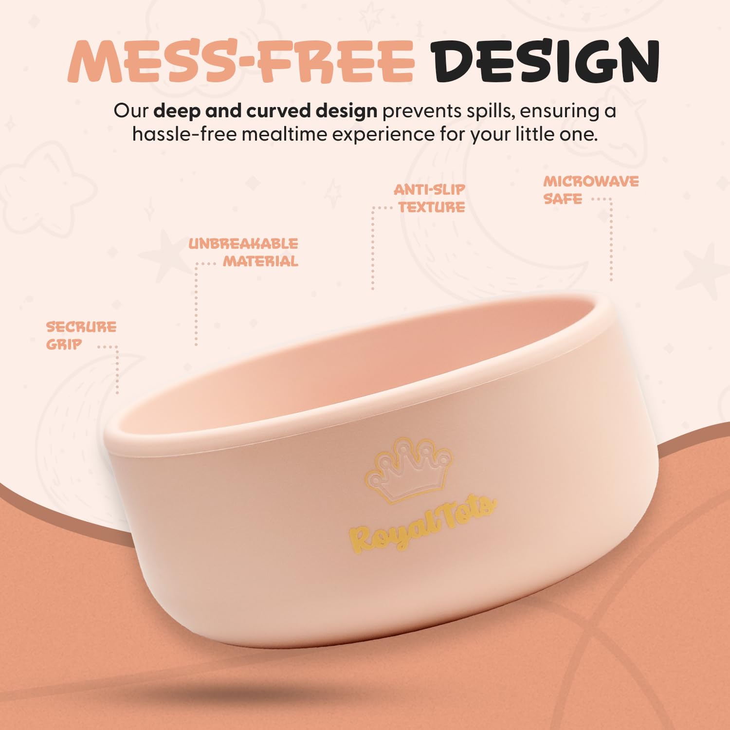 RoyalTots pink bowls stacked neatly to show space-saving design.