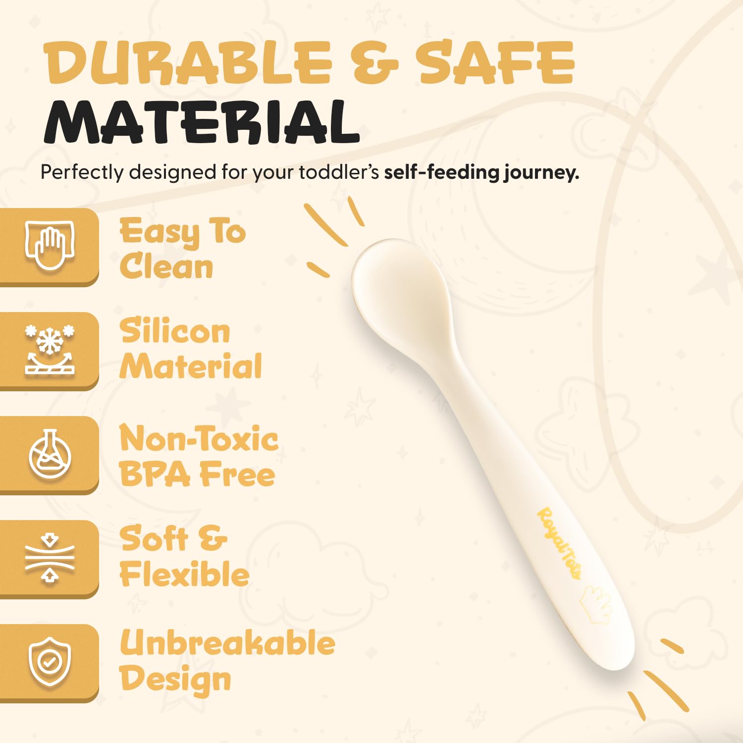 RoyalTots ergonomic-handle spoons support easy grasp and fine motor skill development.