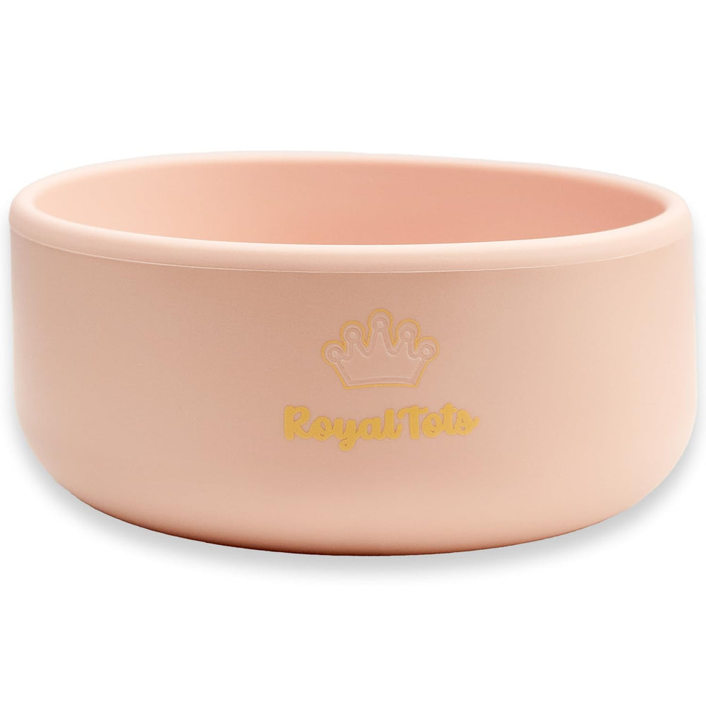 RoyalTots pink silicone baby bowls with suction base for mess-free mealtime.