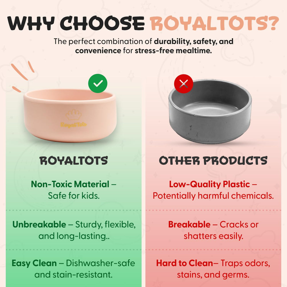 RoyalTots pink silicone bowls in use during snack time for spill-free setup.