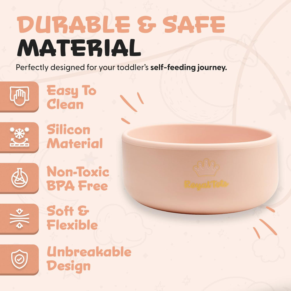 RoyalTots pink silicone bowls close-up showing non-slip base for steady feeding.