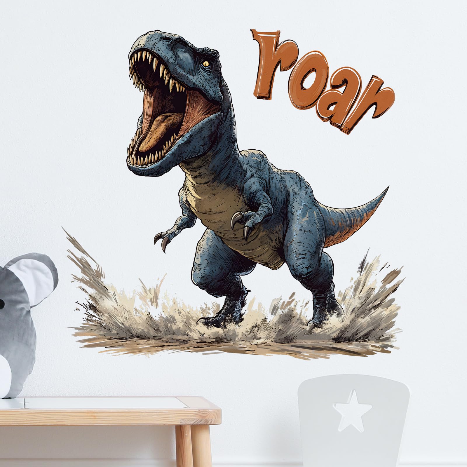 RoyoLam kids room dinosaur decor creates playful atmosphere on smooth walls.