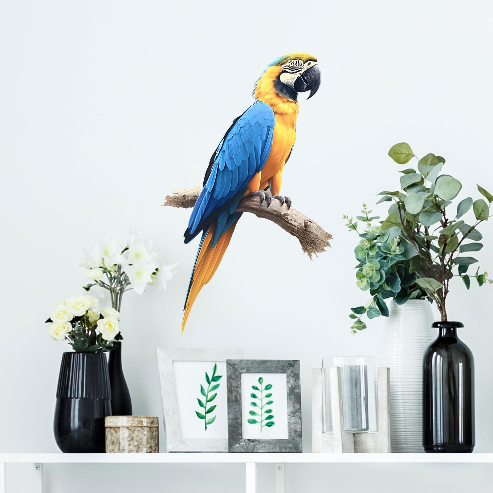 RoyoLam lifelike blue and yellow macaw decal adds a vibrant focal point for kids' rooms.