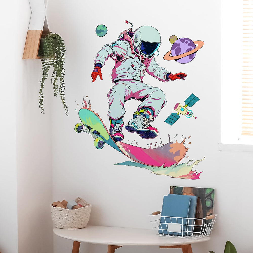 RoyoLam cool-skater-astronaut-wall-sticker adds playful space vibe to kids' room.