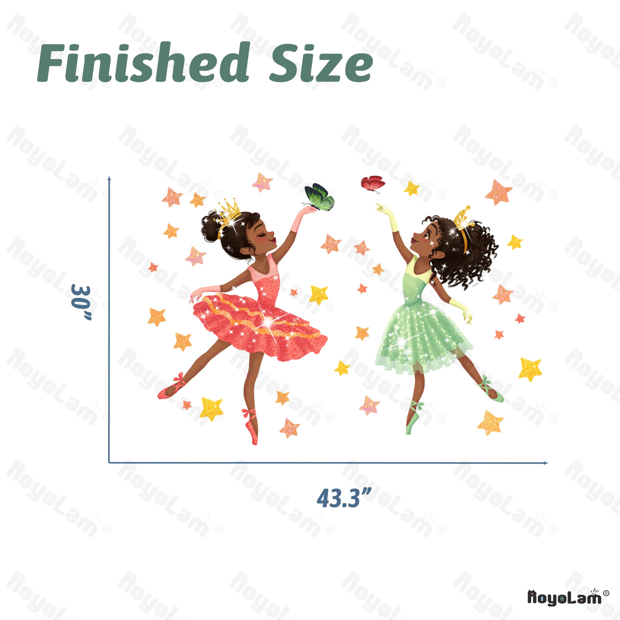 RoyoLam dancing-girls-butterflies-stars wall sticker in a bedroom decor setup for kids.