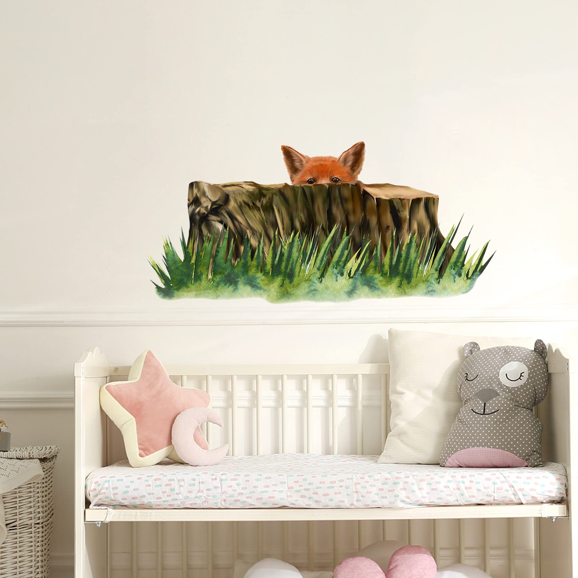 RoyoLam fox behind stump wall decal in a sunny nursery