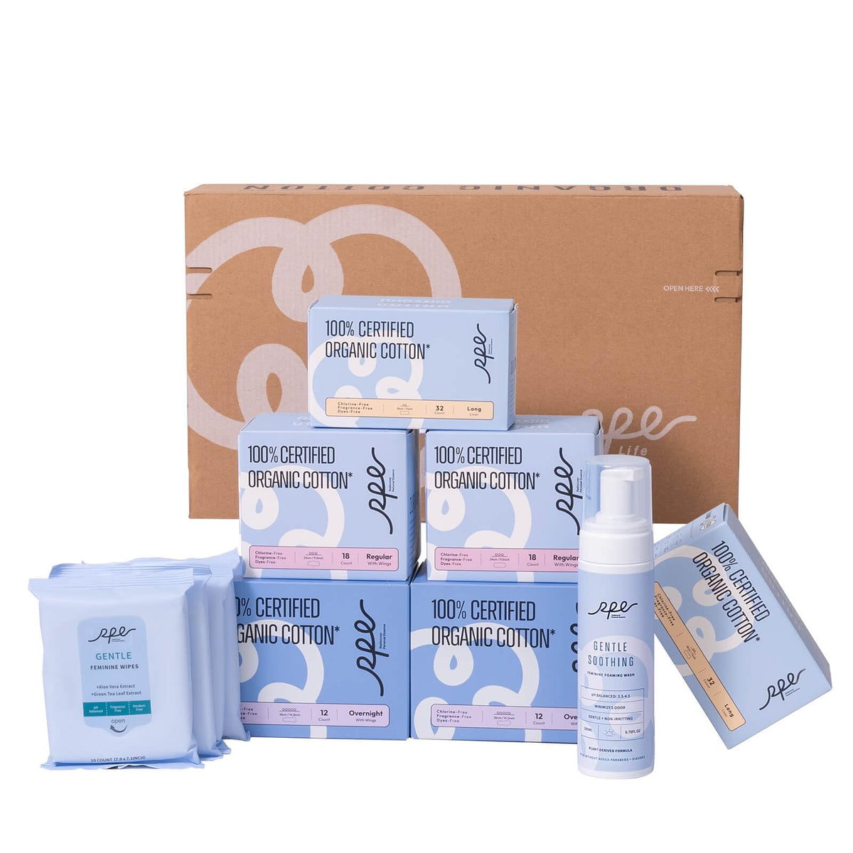 RPE Life feminine care bundle pads in three sizes for all flow days.