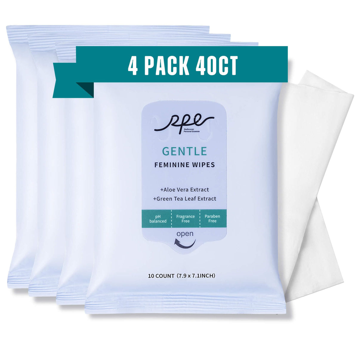 RPE Life feminine wipes pack front, convenient four-pack for home and travel