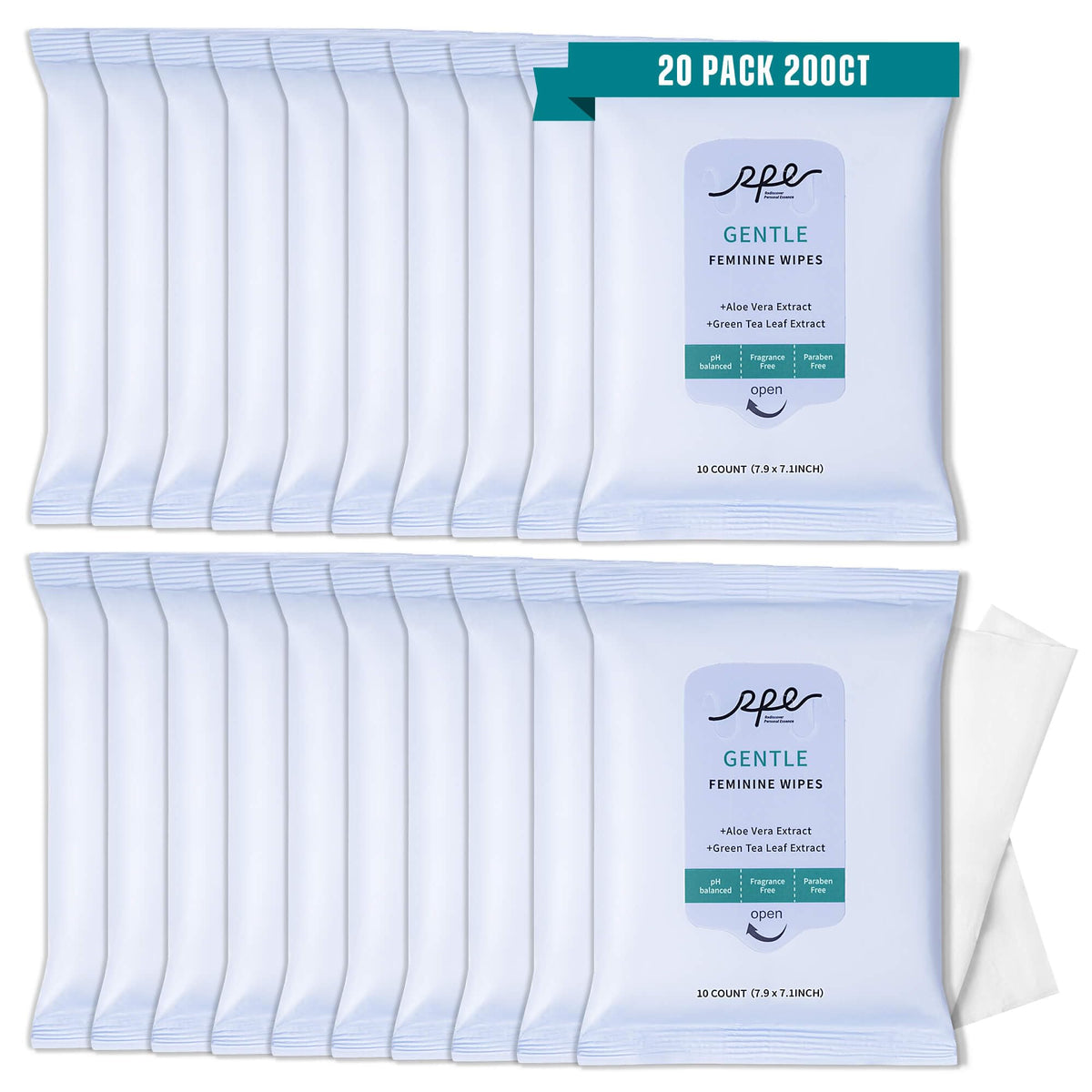 RPE Life large feminine wipes in sealed pack for on-the-go refreshment