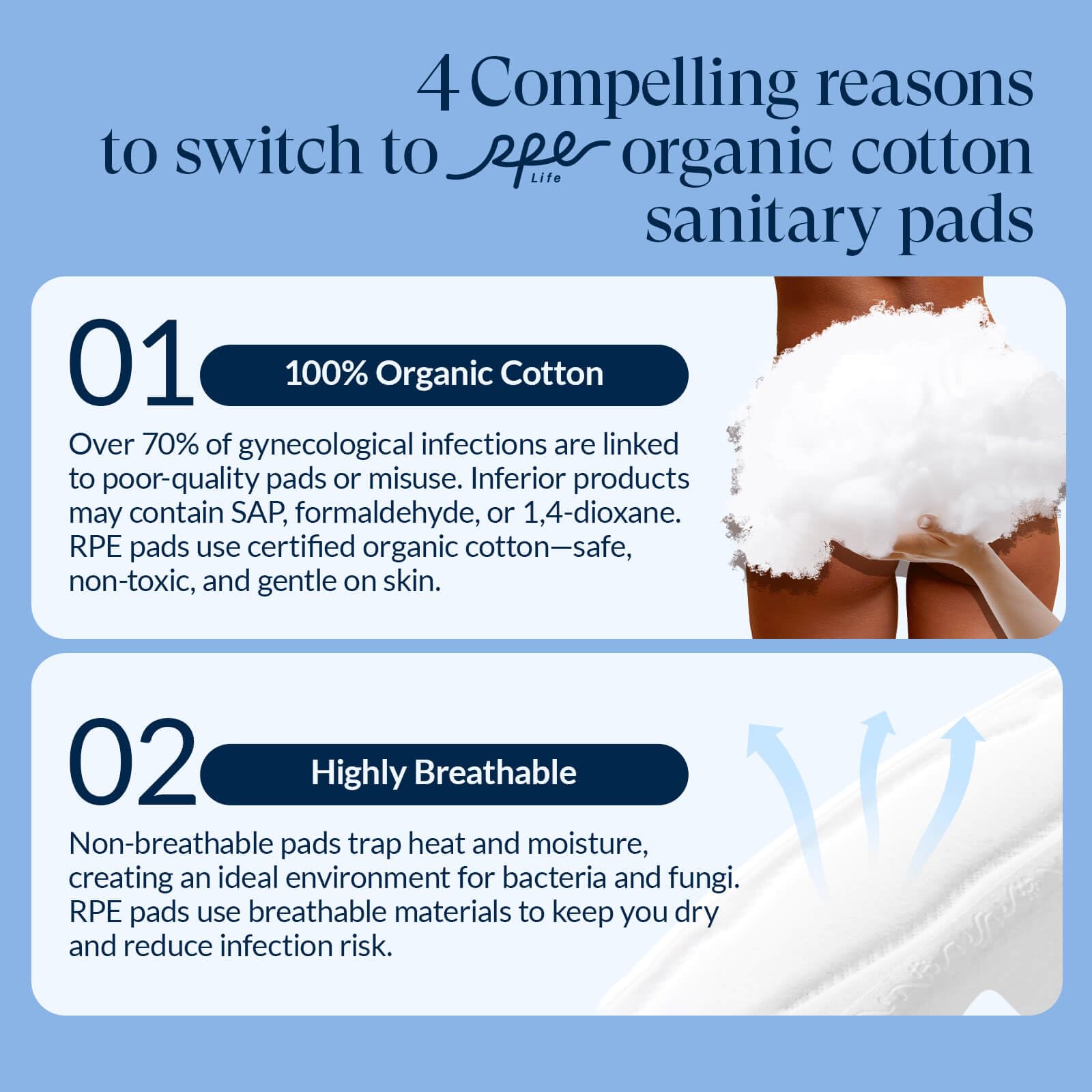 RPE Life organic cotton core and wood pulp design for reliable all-day protection.
