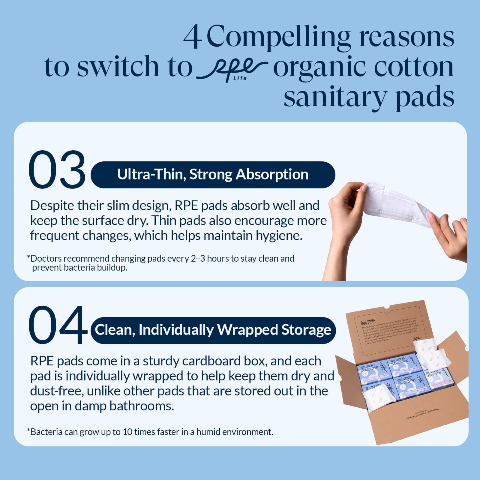 RPE Life cotton top sheet with secure wings and wood pulp core for all-day dryness.