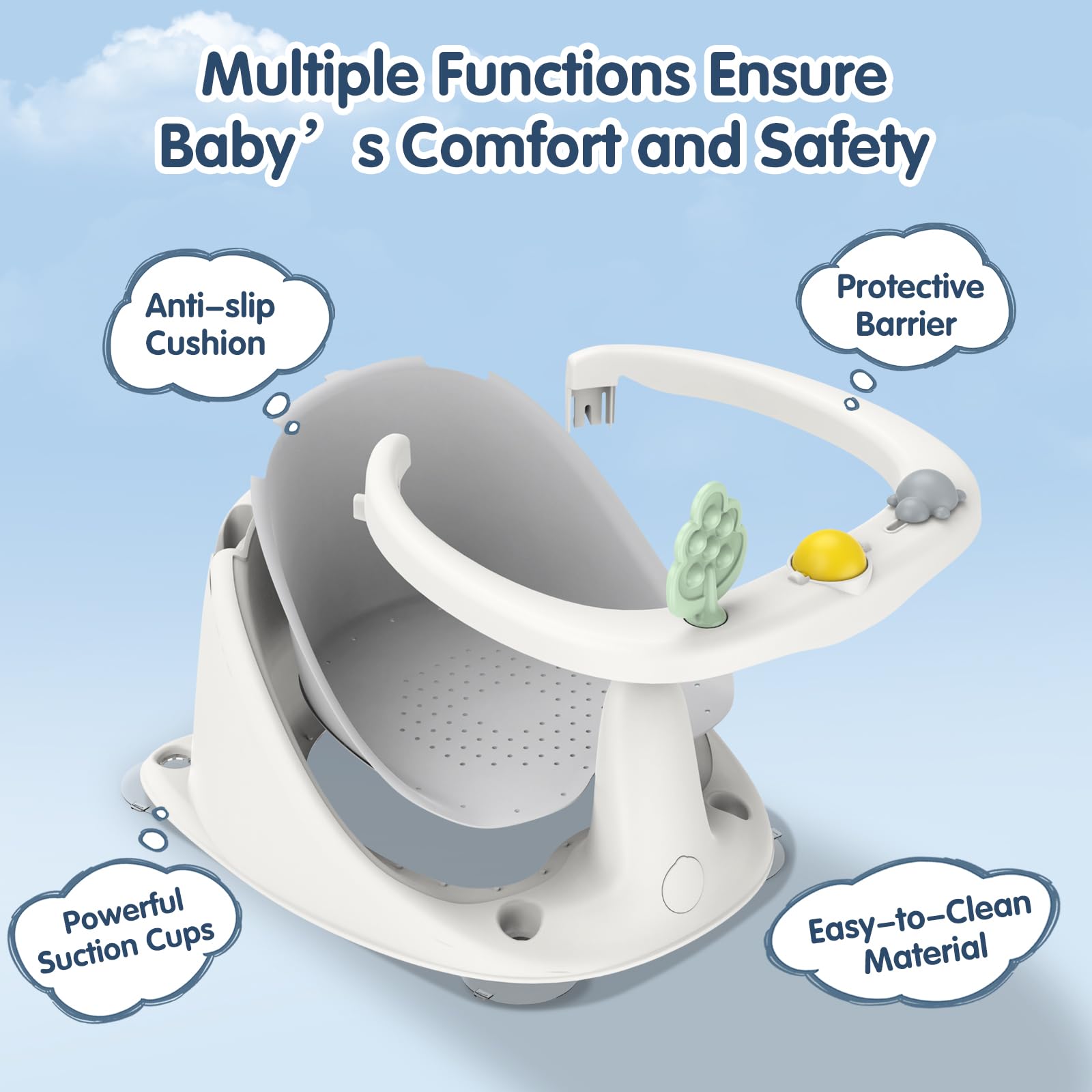 RPTGH baby bath seat gray back view with ergonomic backrest for comfortable bathing