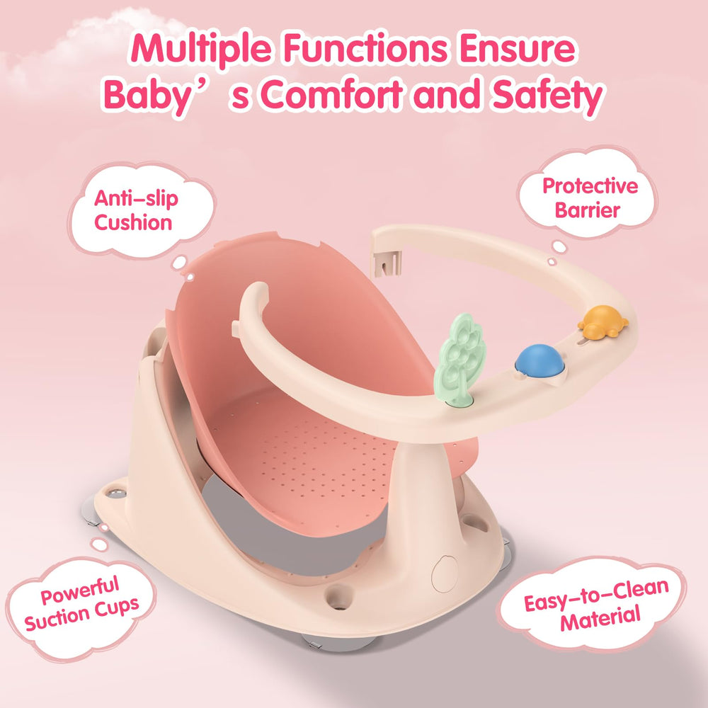 RPTGH bath seat with four suction cups keeps baby stable on surfaces.