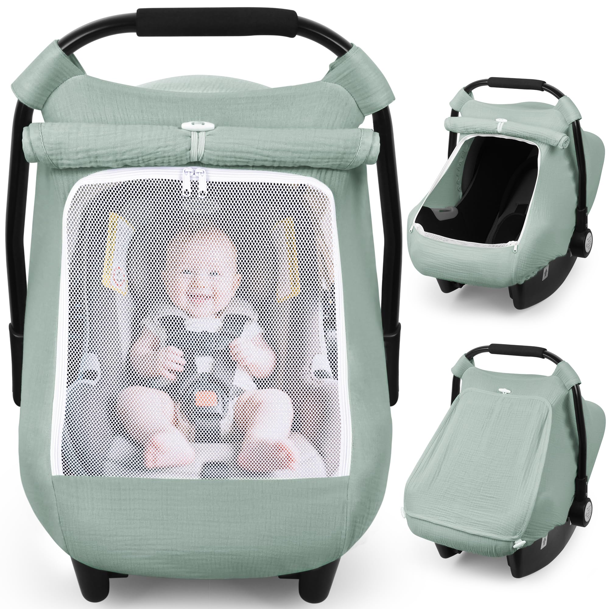 Rquiet car seat cover in green on a stroller, blocking sun and wind