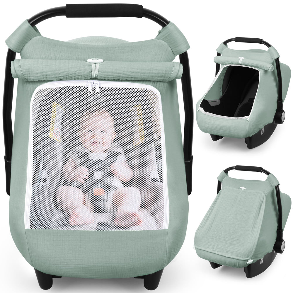 Rquiet car seat cover in green on a stroller, blocking sun and wind