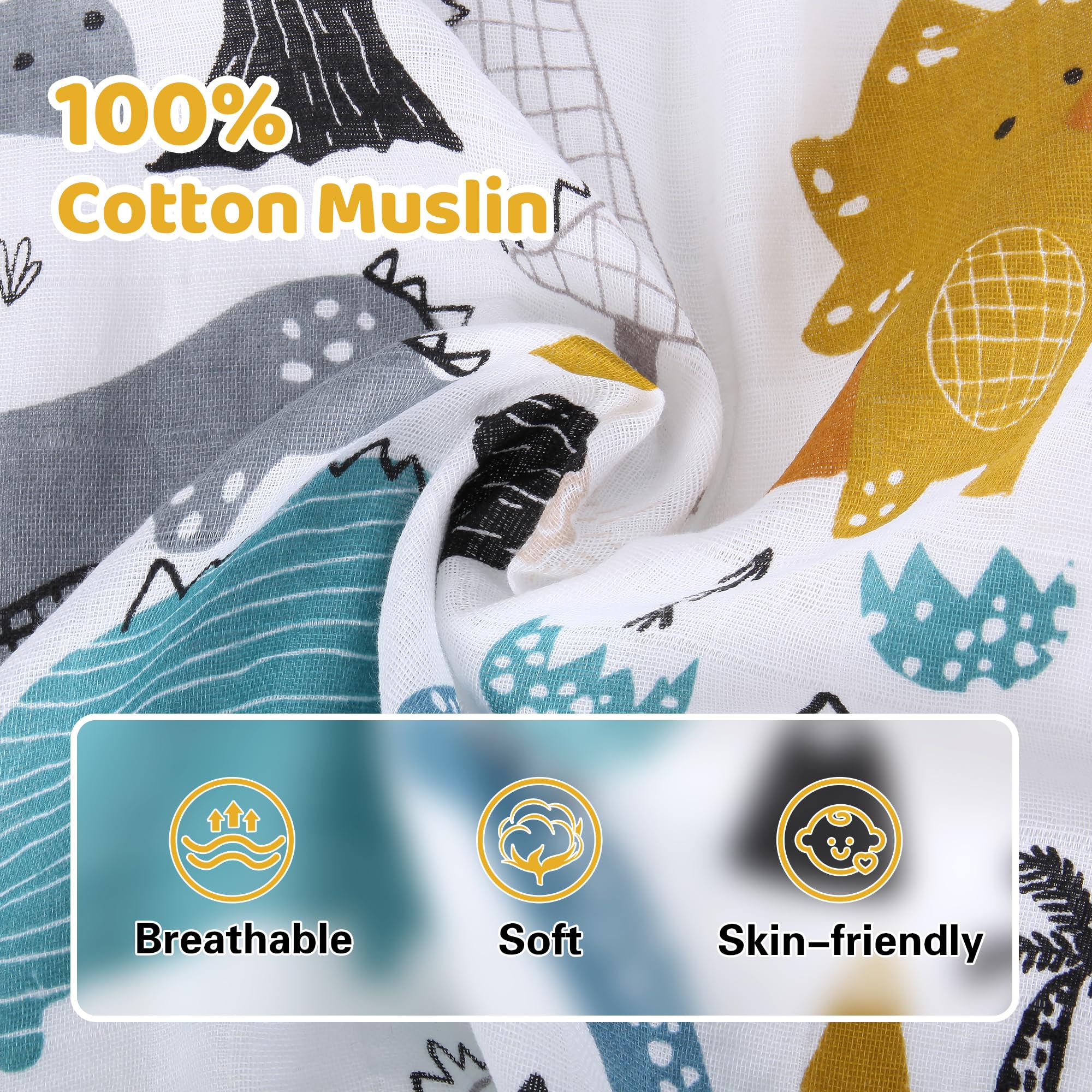 Rquiet Dinosaurs muslin fabric close-up highlights breathable cotton for warm days