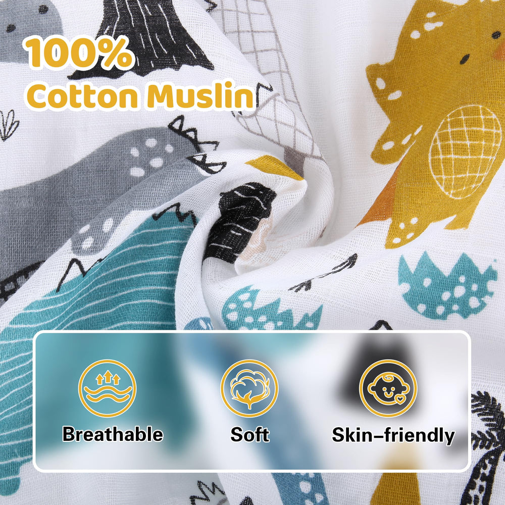 Rquiet Dinosaurs muslin fabric close-up highlights breathable cotton for warm days