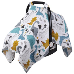 Rquiet Dinosaurs carseat cover on seat shows 360-degree protection and privacy for baby
