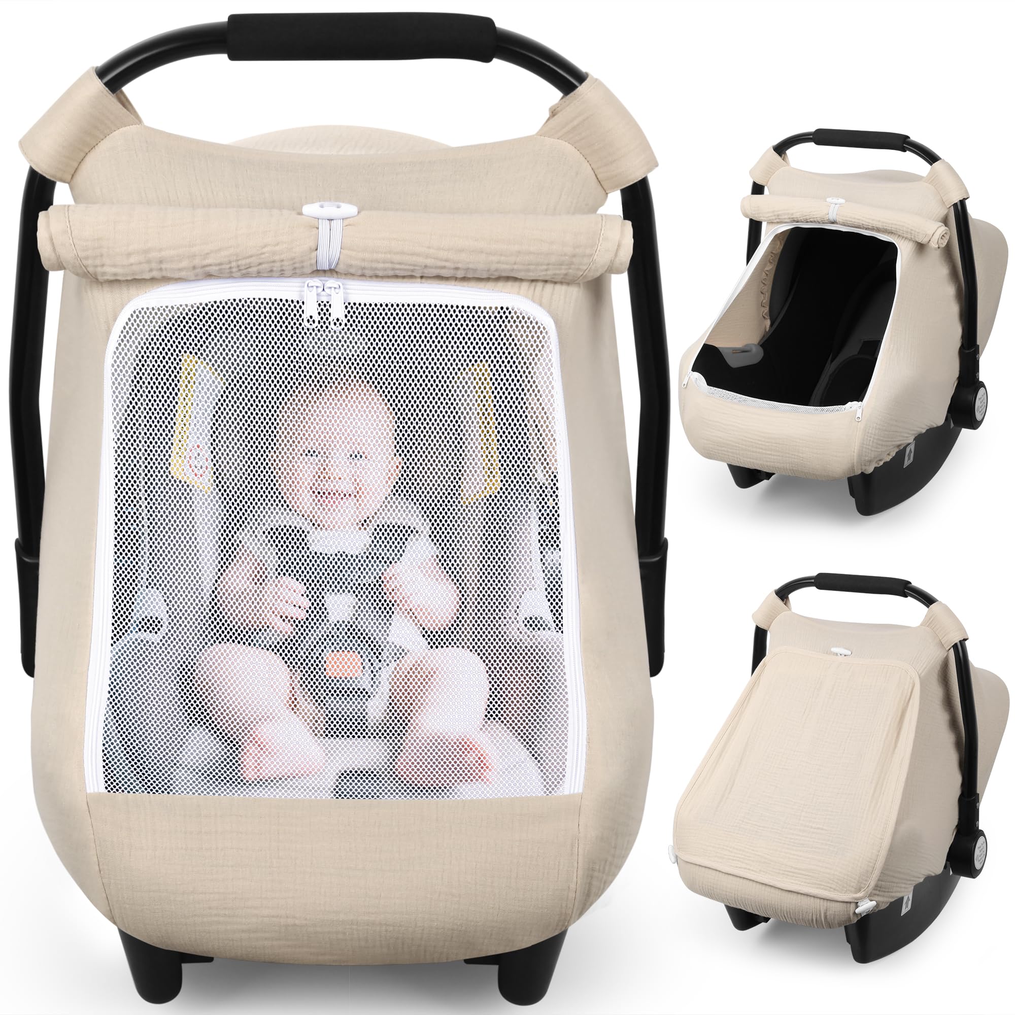 Rquite car seat cover in beige provides baby privacy and sun protection