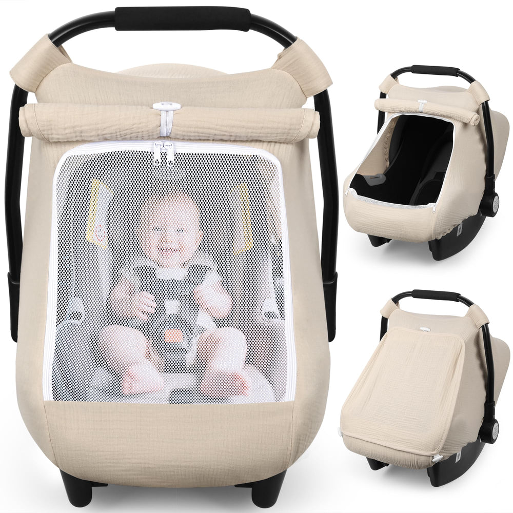 Rquite car seat cover in beige provides baby privacy and sun protection