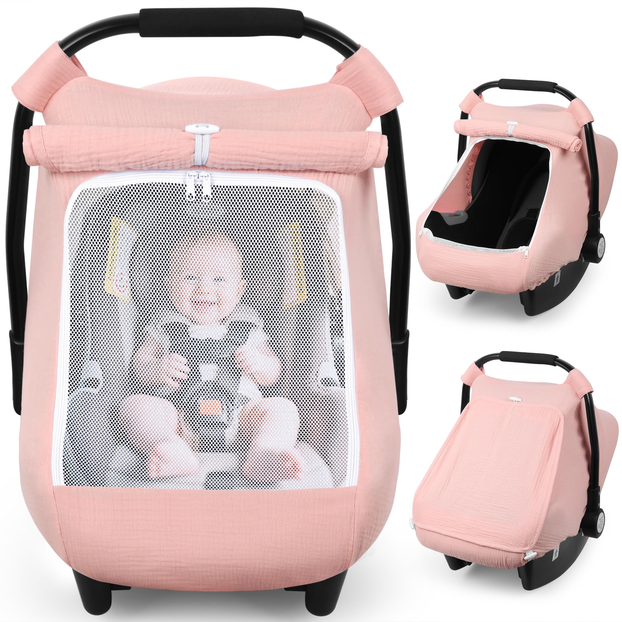 Rquite car seat cover in breathable muslin offers soft, airy protection.