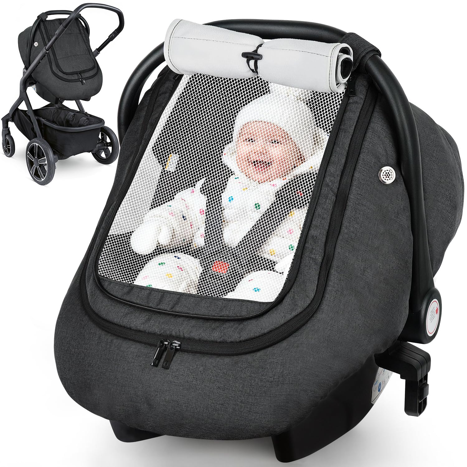 Rquite car seat cover with weatherproof outer protects baby from wind.