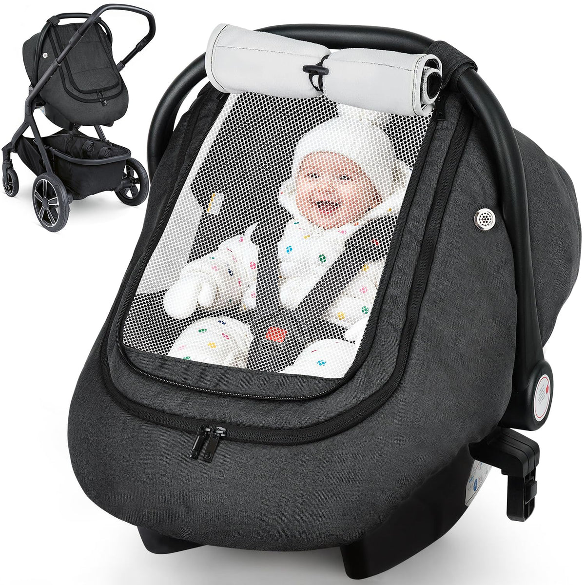 Rquite car seat cover with weatherproof outer protects baby from wind.