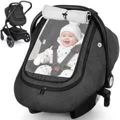 Rquite car seat cover with weatherproof outer protects baby from wind.