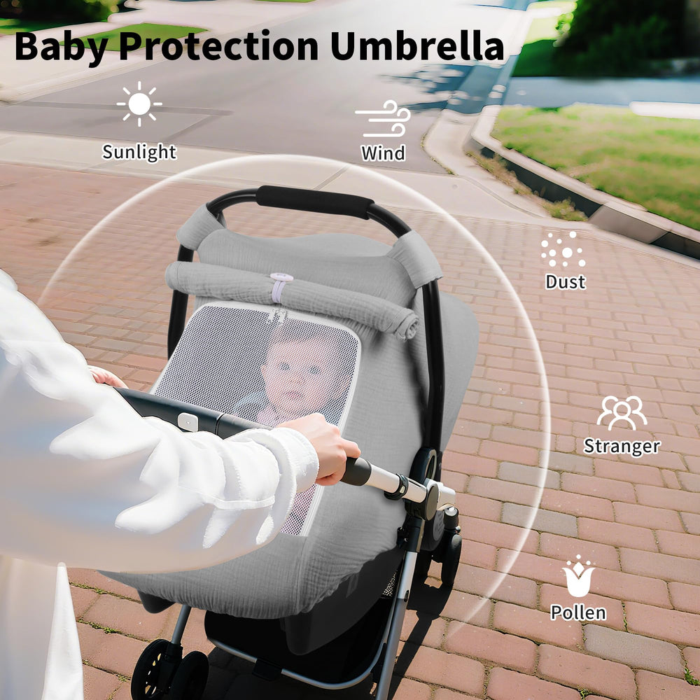 Rquite car seat cover doubles as stroller sun shade in grey.
