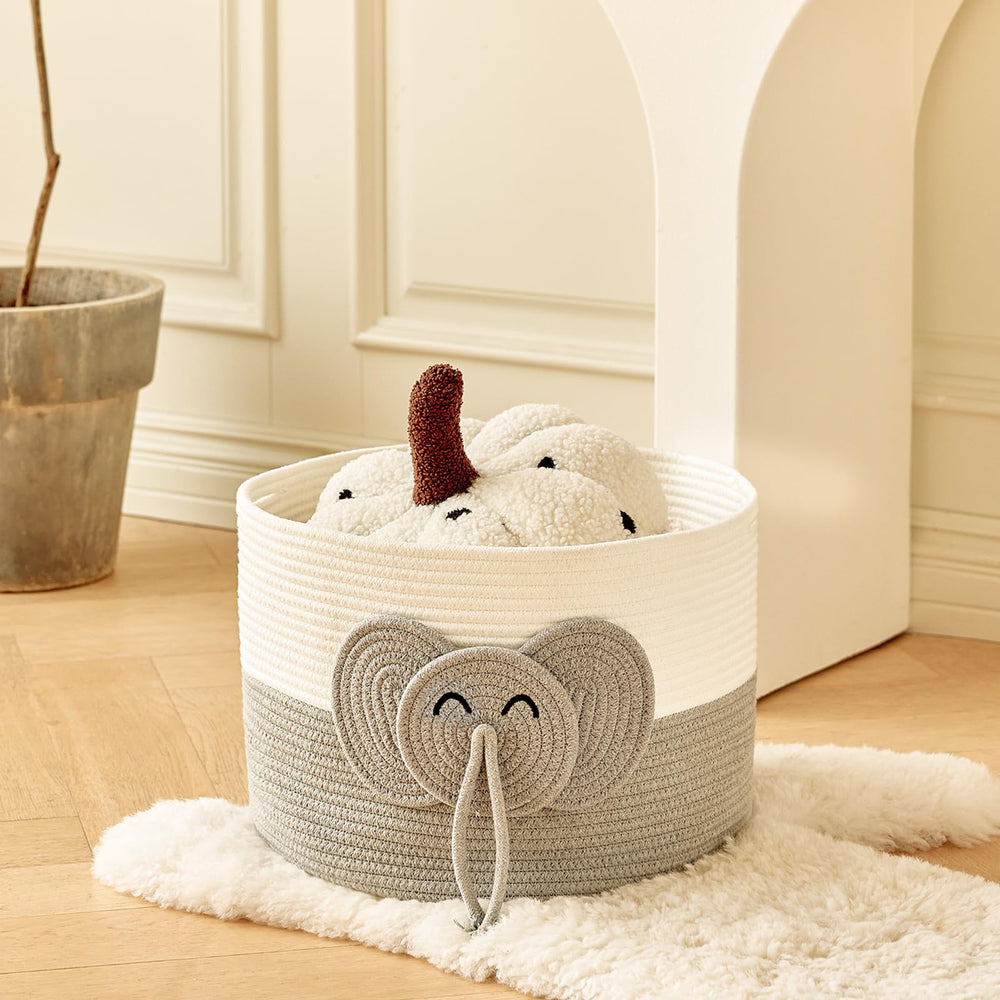 R RUNKA elephant large basket lifestyle shot in living room.