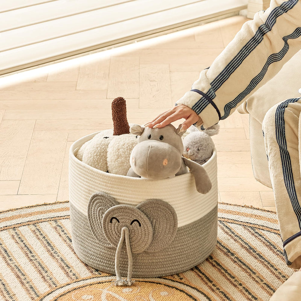 R RUNKA elephant large basket in a nursery setting enhances organization.