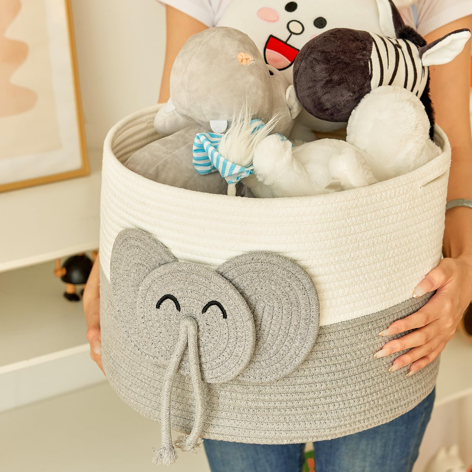 R RUNKA elephant large basket open-top with toys inside for quick cleanup.
