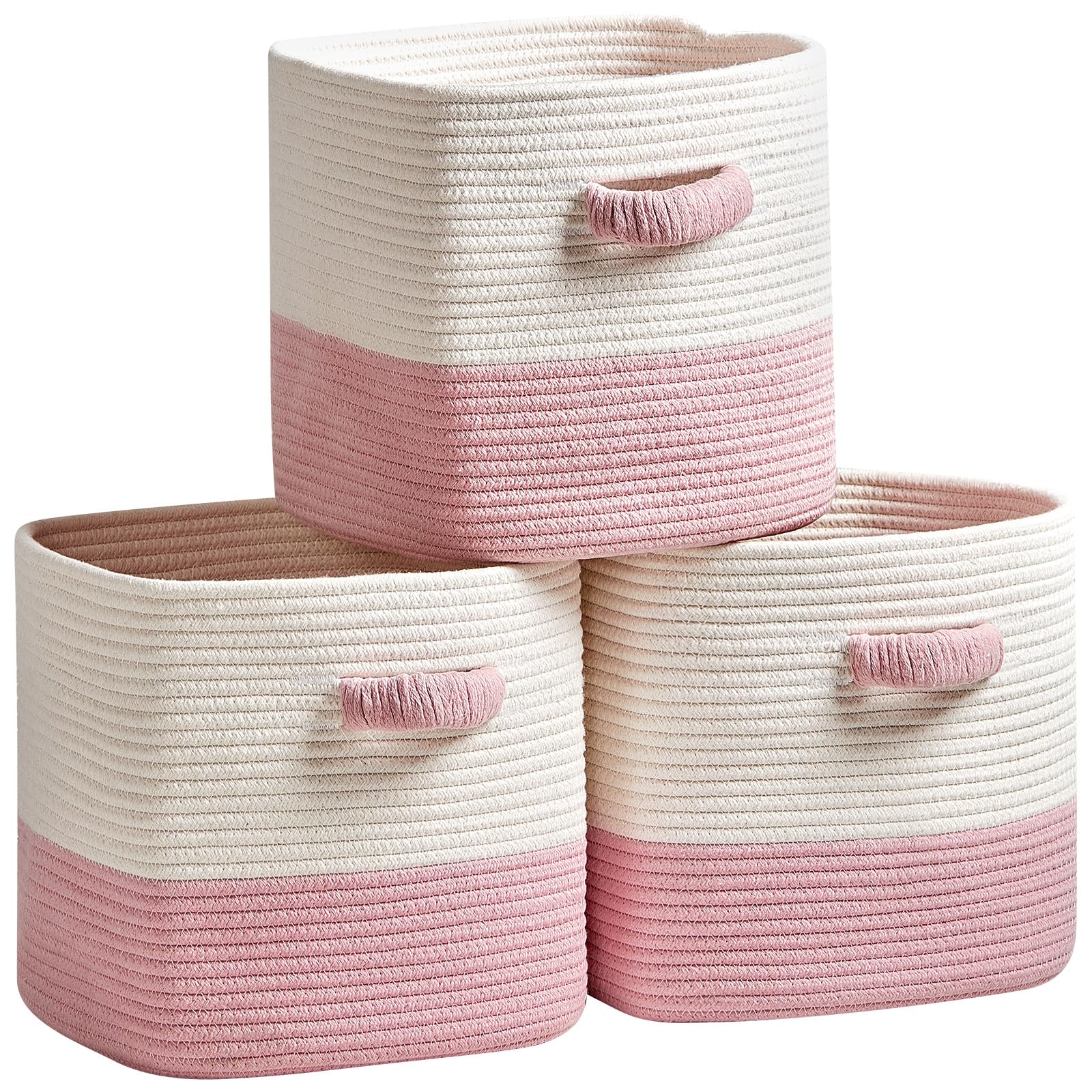 R RUNKA storage cube baskets front view in white and pink, keeps shelves tidy.