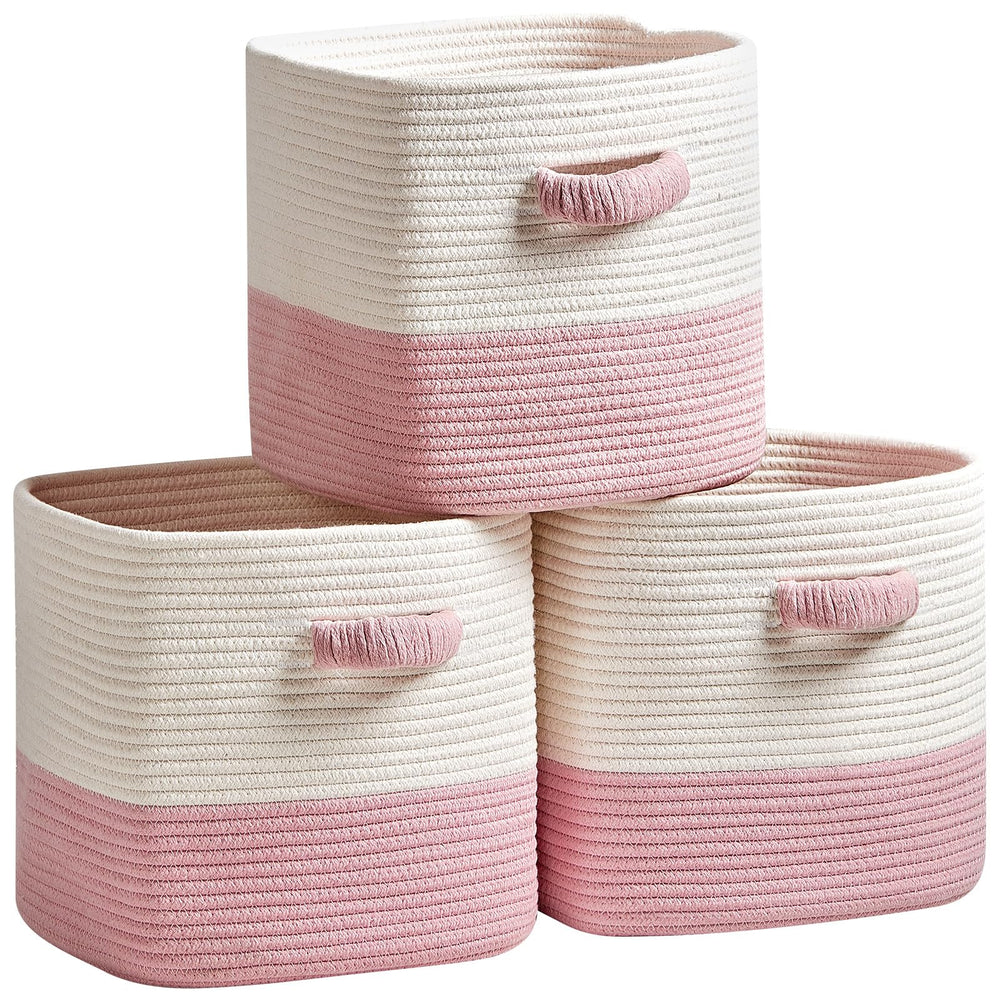 R RUNKA storage cube baskets front view in white and pink, keeps shelves tidy.