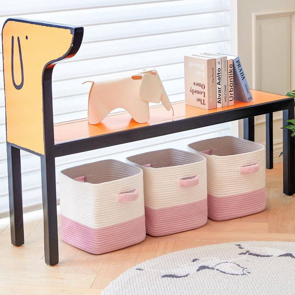 R RUNKA cube baskets tucked on a shelf keep essentials accessible.
