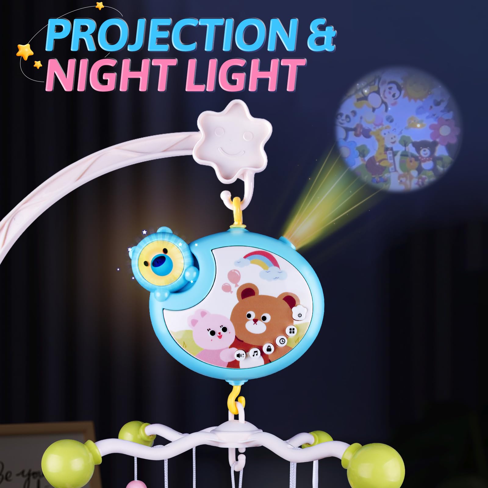 RSEPD crib mobile shows 360-degree rotation to engage baby's gaze