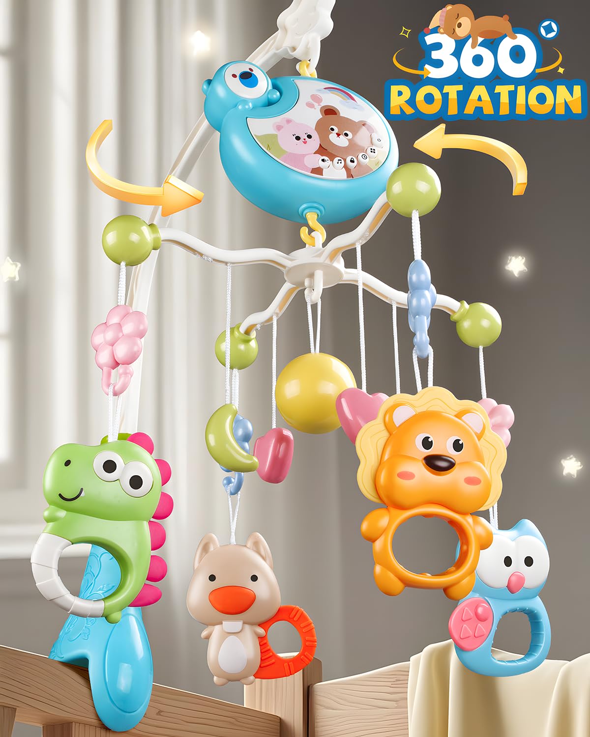 RSEPD crib mobile rotation showing 360° rattles promoting visual tracking