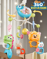 RSEPD crib mobile rotation showing 360° rattles promoting visual tracking