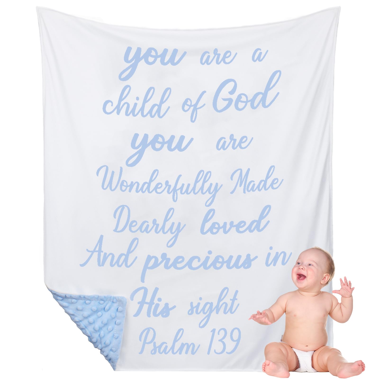 Rtteri baby Bible verse blanket in blue and white, plush and ready for swaddling