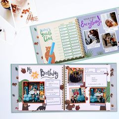 RubyRoo Memory Book interior spread with 4x4 photo spaces.