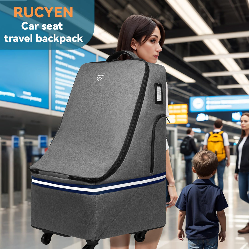 RUCYEN rolling car seat travel bag adjustable strap offers comfortable carrying options.