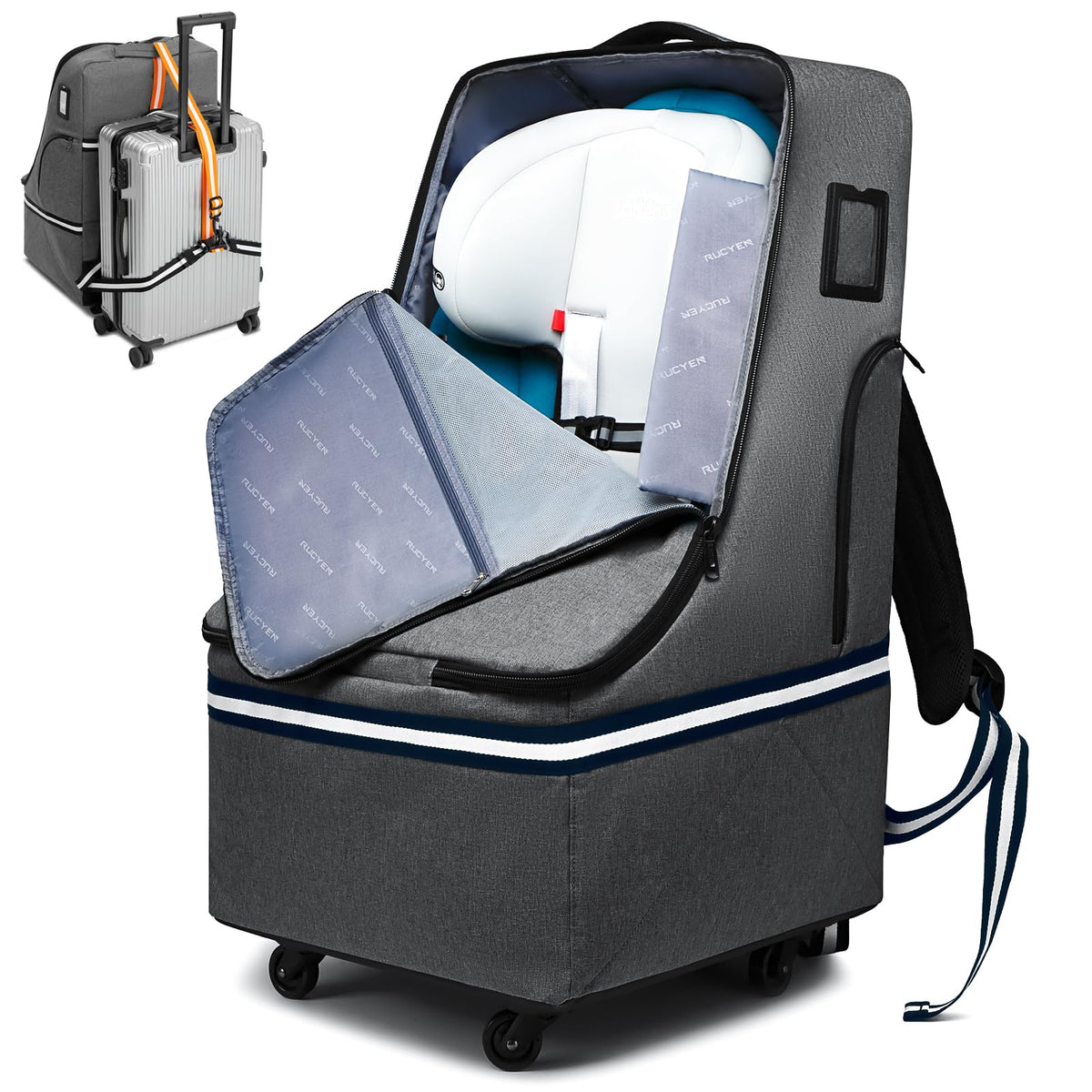 RUCYEN rolling car seat travel bag front view with four wheels for easy airport maneuvering.