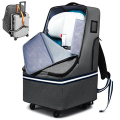 RUCYEN rolling car seat travel bag front view with four wheels for easy airport maneuvering.