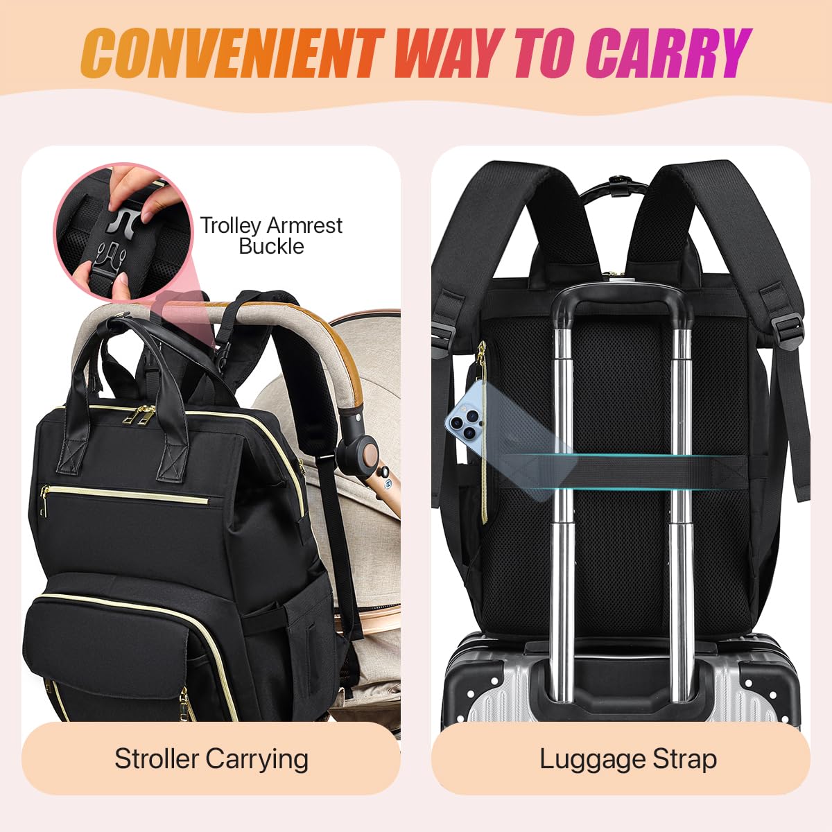 RUCYEN stroller clips and luggage strap enable hands-free carrying
